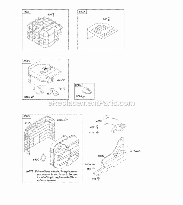 Exhaust System Diagram and Parts List for 20M214-0539-E1  Briggs and Stratton Engine